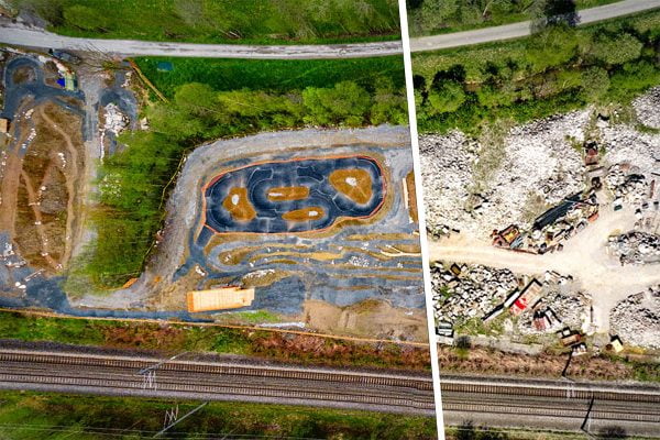 Man sieht den Platz der Bike Base Bruck, bevor diese gebaut wurde als Müllhalde und nachher, wie sie fertig ist. 